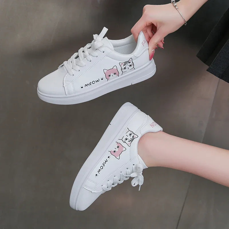 Breathable Vulcanized Cute Cat Cartoon Lace Casual Sneakers