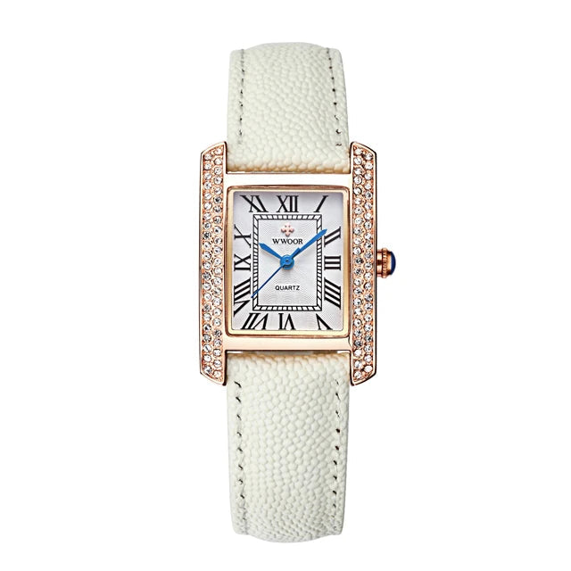 ساعات كوارتز جلدية أنيقة مرصعة بالألماس مربعة الشكل