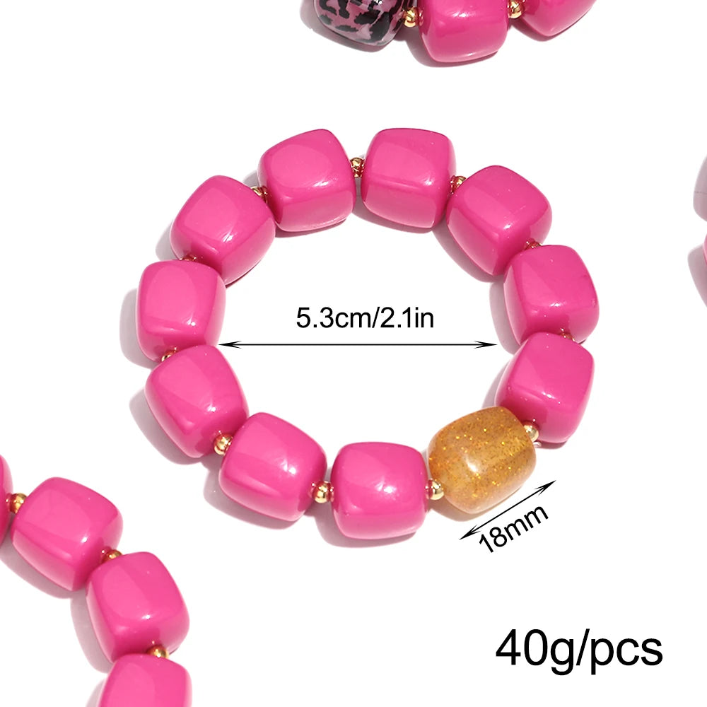 Pink Square Breaded Elastic Resin Geometric Beads Stretch Cuff Bangle Bracelets