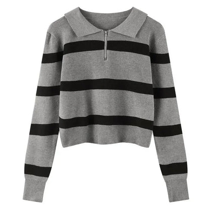 Loose Polo Neck Striped Korean Style Sweater