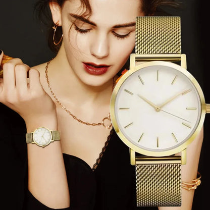 Luxury Metal Mesh Quartz Elegant Rose Gold Wristwatch