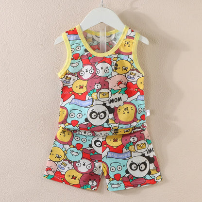 Cartoon Thin Style Sleeveless Baby Pajamas Set