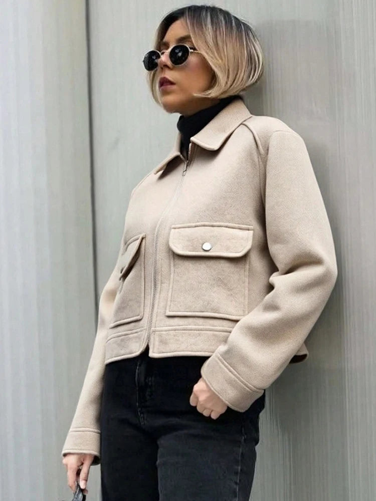 Zipper Winter Long Sleeve Pocket Outerwear Elegant Jacket Coat