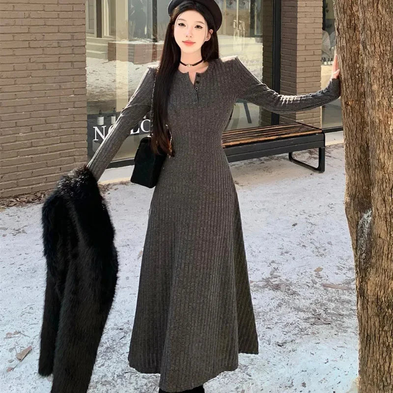 Elegant Slim High Waist Knit Long Sleeve Thick Warm Long Dress