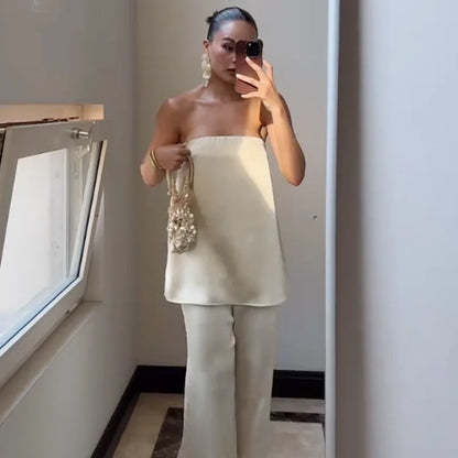 Satin Pant Strapless Off Shoulder High Waist Trousers Sets