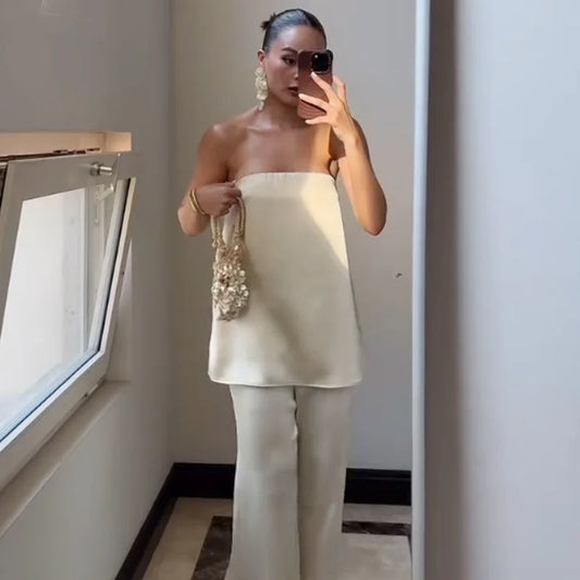 Satin Pant Strapless Off Shoulder High Waist Trousers Sets