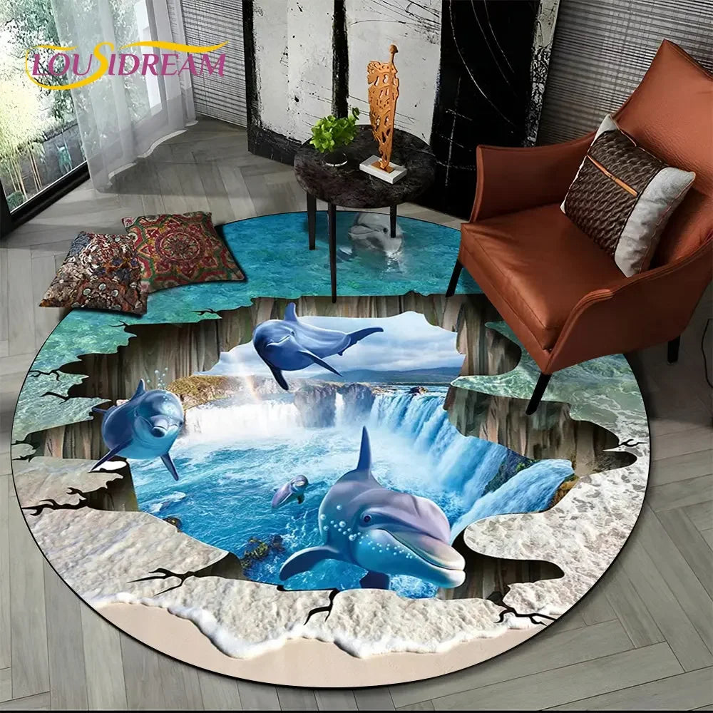 3D Seabed Illusion Underwater World Dolphin Round Area Rug