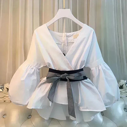 Lantern Sleeve Bow Slim Chiffon Shirt Set