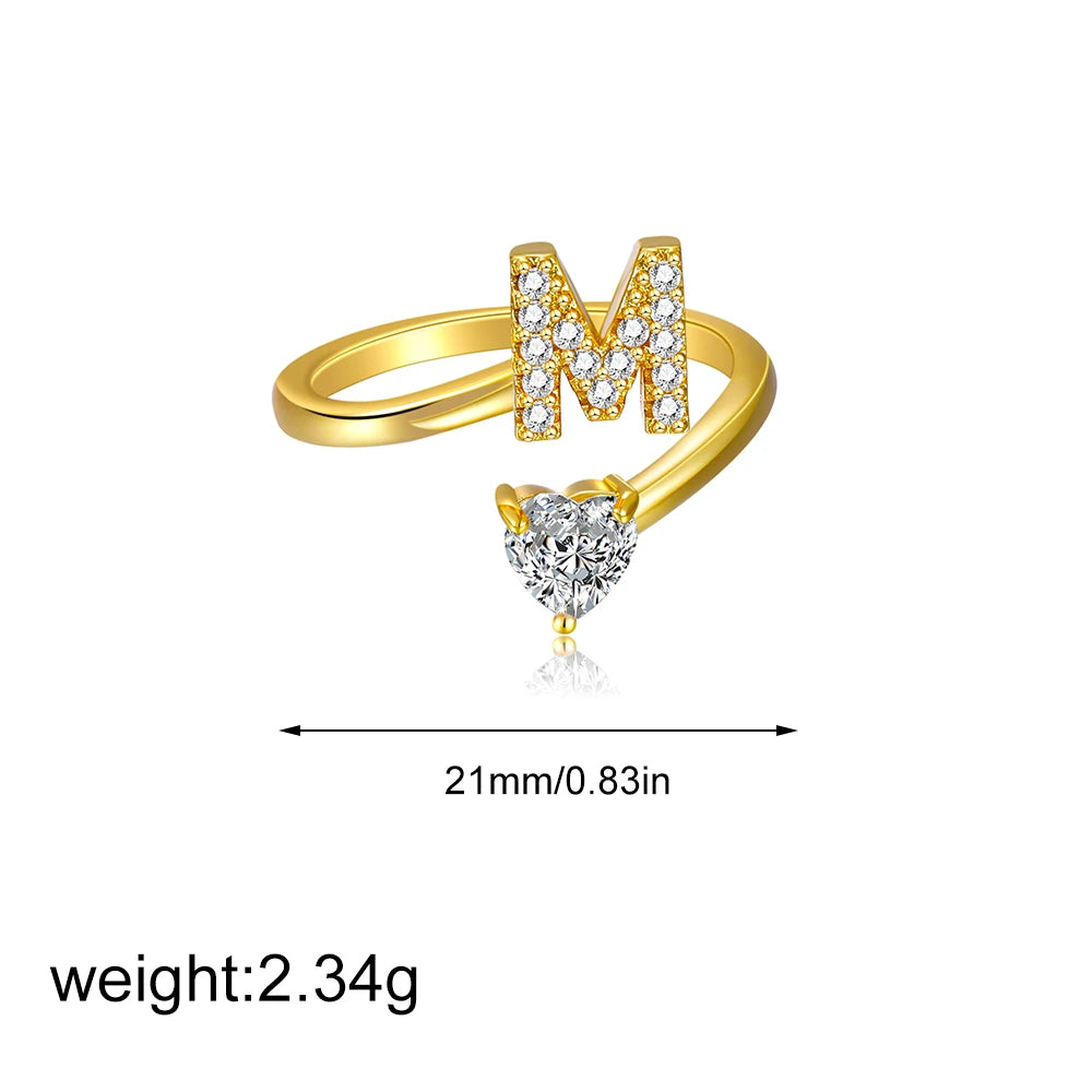 Gold Letter Open Heart Shape Cubic Zirconia  A-Z 26 Letter  Lnitials Rings