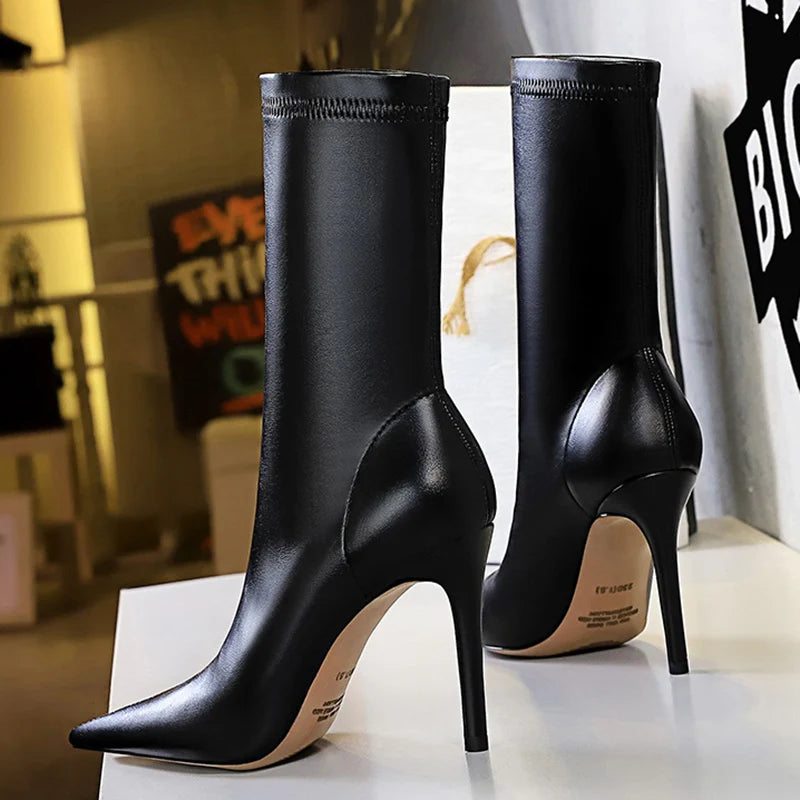 7.5cm 10cm High Heels Leather Short Ankle Boots