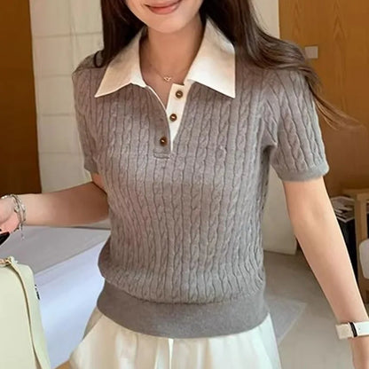 Sueter Feminino Turn Down Collar Knitted Sweater Short Sleeve Knit Pullover