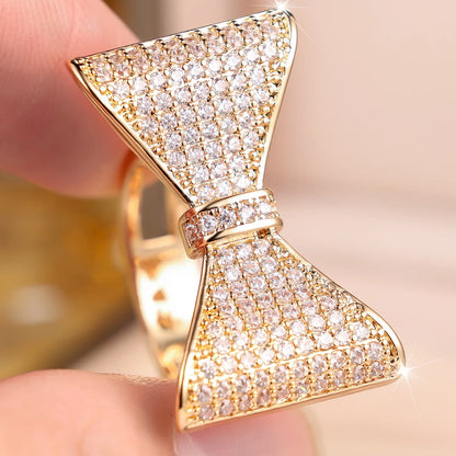 Small Cute Bow Female White Zircon Stone Vintage Gold Ring
