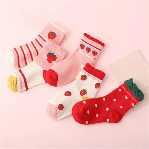 5Pairs/lot Girls Cotton Strawberry Cute Socks
