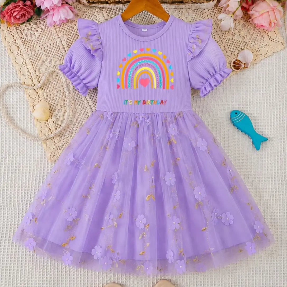 Rainbow Purple Tulle Puff Sleeve Princess Dress