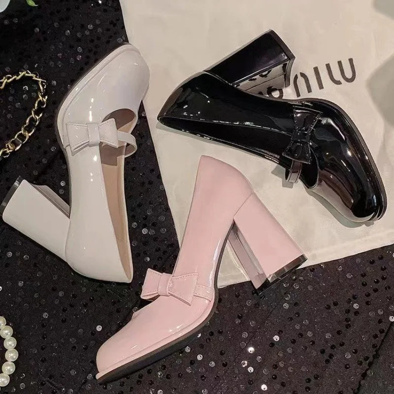 Pointed-toe high-heeled bow-shaped thick-soled Mary Jane shoes