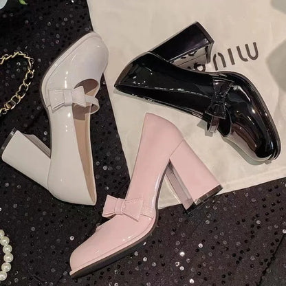 Pointed-toe high-heeled bow-shaped thick-soled Mary Jane shoes