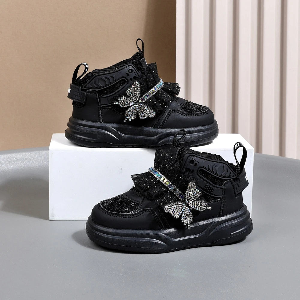 Autumn Children Leather Toddler Kids Sport  Bling Cute Butterfly Sneakers
