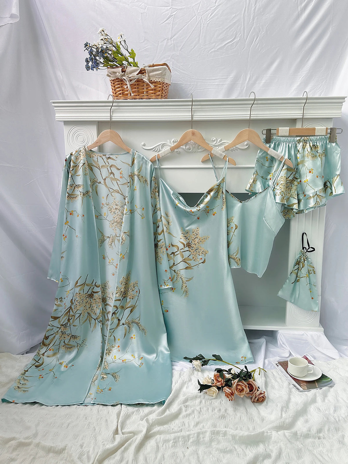 5pcs Floral Print Long Sleeve Robe Cami Dress Pajamas Sets