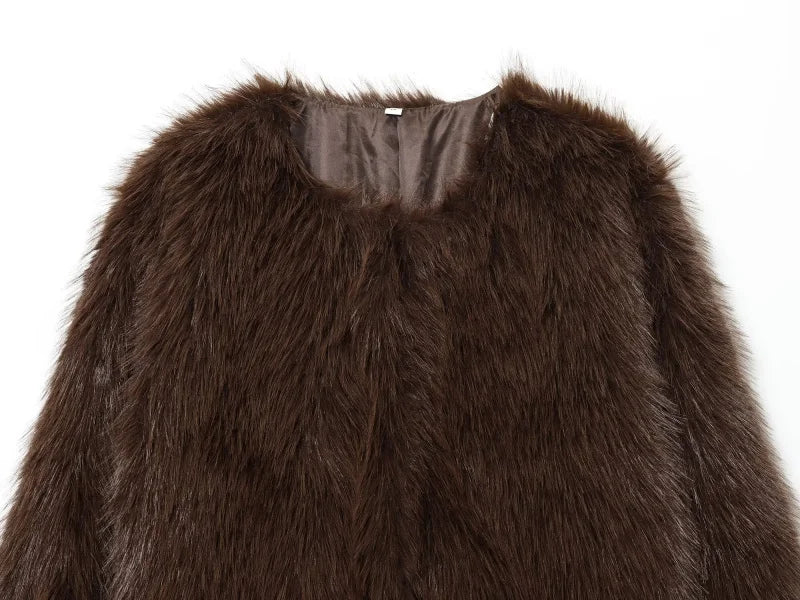 Faux fur Fall/Winter Effect Round Neck Long Sleeve Short Jacket