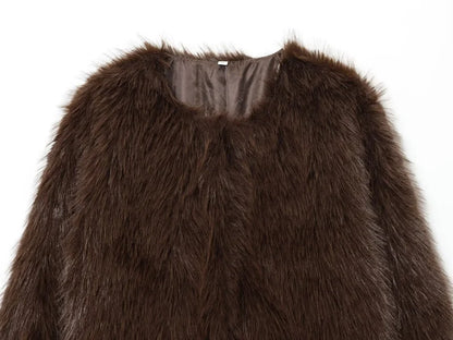 Faux fur Fall/Winter Effect Round Neck Long Sleeve Short Jacket