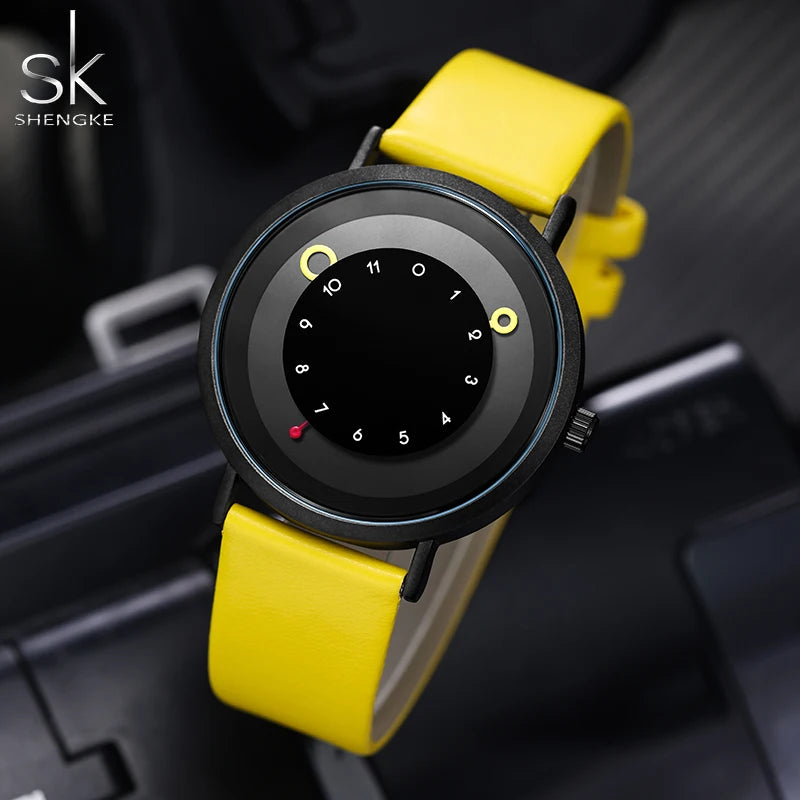 Shengke Creative Yellow Leather Band Wristwatches