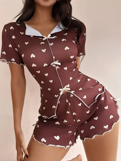 Love Printed Collar Short Sleeve Bow Slim Fit Pajamas
