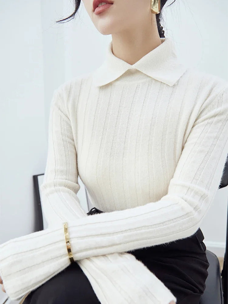 Polo Collar Knitted Sweater Long Sleeve Slim Fit Pullovers