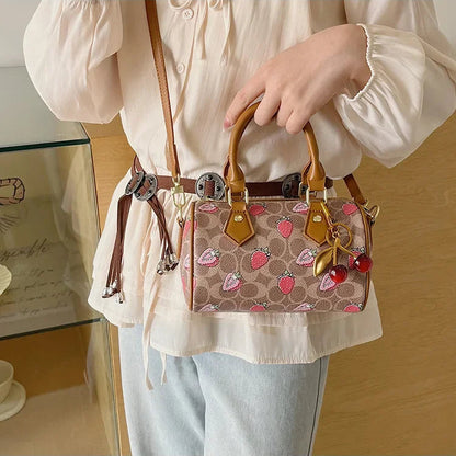 Crossbody Cherry Pattern PU Leather Boston Handbag Shoulder Bags
