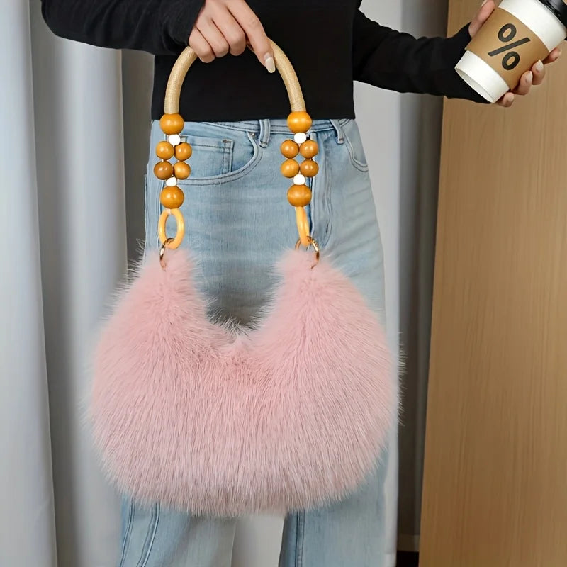 Plush Faux Tote Bead Accented Strap Zipper Closure Elegant Handbags