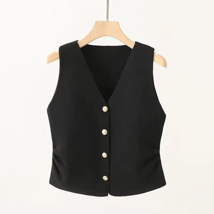 Gold Button Front Vest V-Neck Ruched Waist Sleeveless Knit Jacket