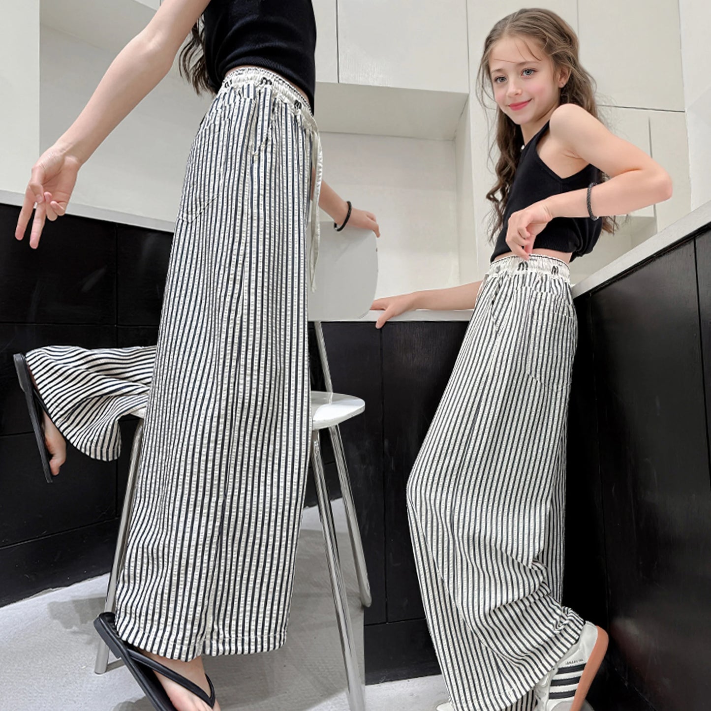 Girls casual striped wide-leg pants