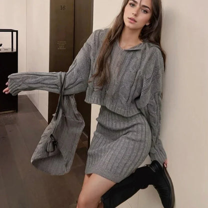 High Waist Hip Knitted Twist Outfits Autumn/Winter Elegant Hooded Pullover Sweater Set