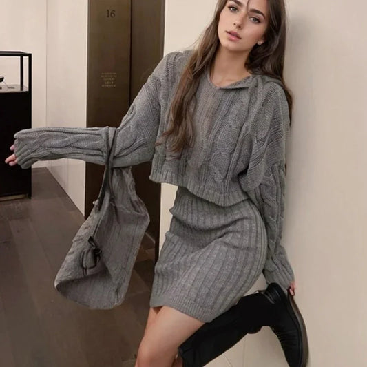 High Waist Hip Knitted Twist Outfits Autumn/Winter Elegant Hooded Pullover Sweater Set