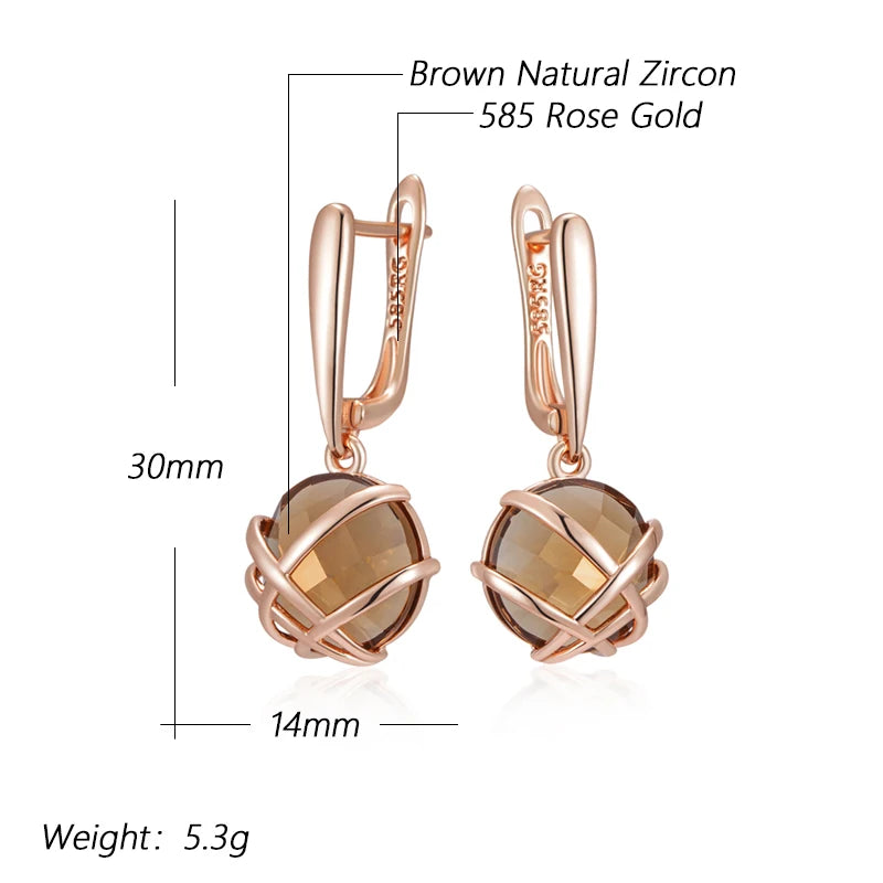 Light Brown Natural Zircon Drop Luxury 585 Rose Gold Earrings