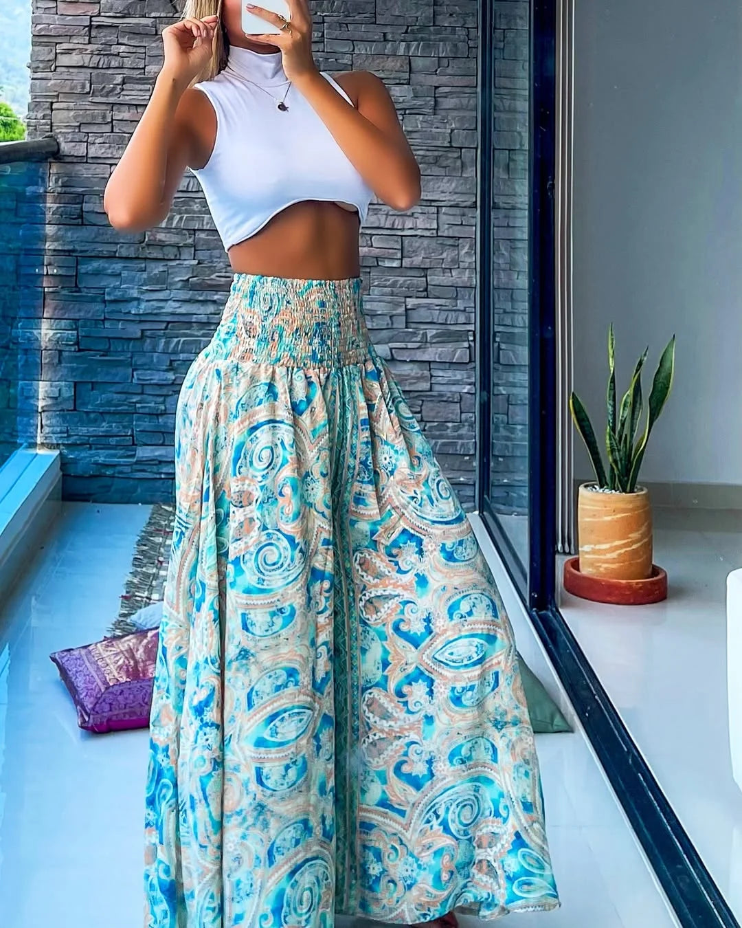 High Waist Printed Wide Leg Slim Fit Outfits Pants