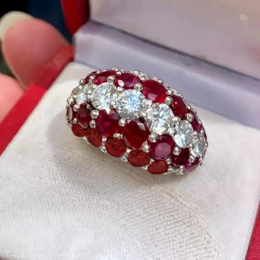 Luxury Inlaid White Red CZ Sparkling Silver Geometry Rings