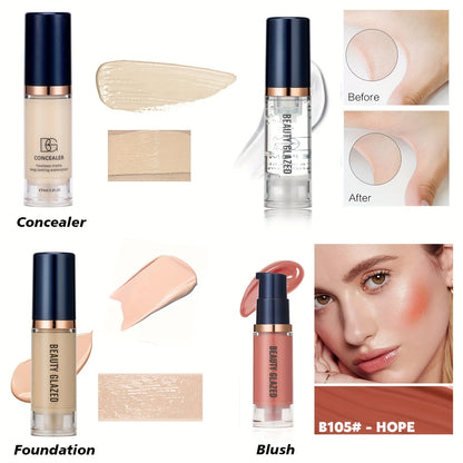 4Pcs Set Primer + Concealer + Liquid Foundation + Liquid Blush Matte Velvet Waterproof Foundation