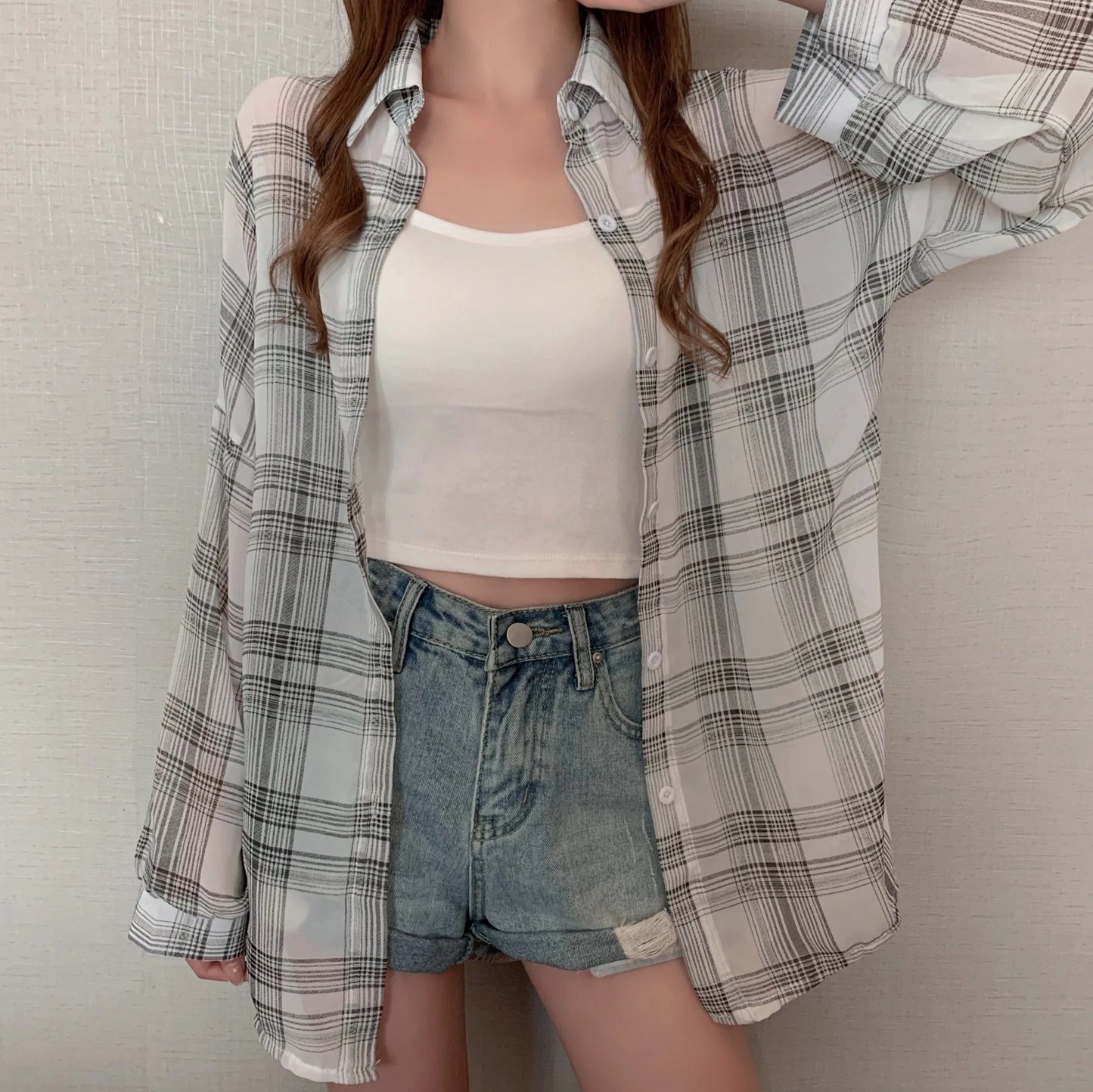 Sheer Chiffon Plaid Oversized Shirt