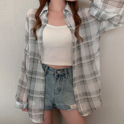 Sheer Chiffon Plaid Oversized Shirt