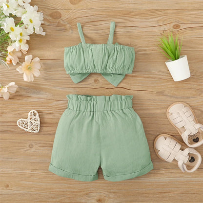 Infant Big Bow Sleeveless Suspender Top+Shorts Toddler 3-24 Months Set