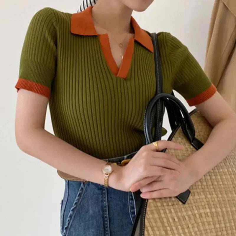 Short Sleeve Polo Neck Knitted Lightweight Knitted Sweater Polo Shirts