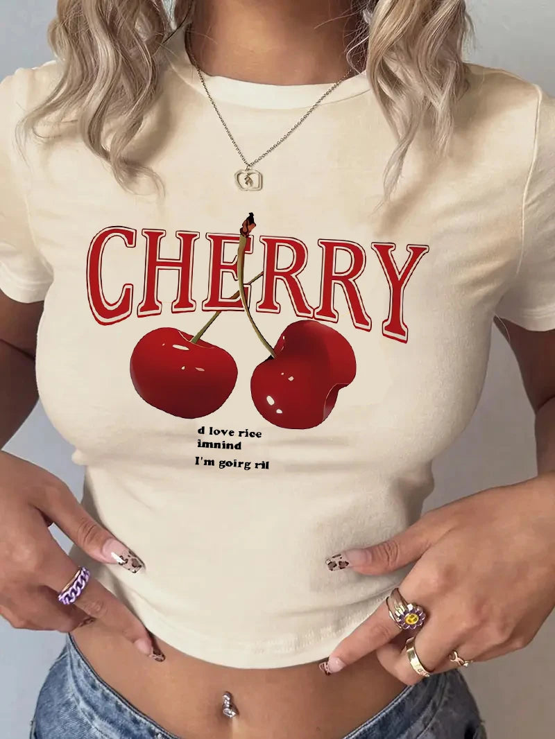 Cherry Print Crew Neck T-shirt Short Sleeve