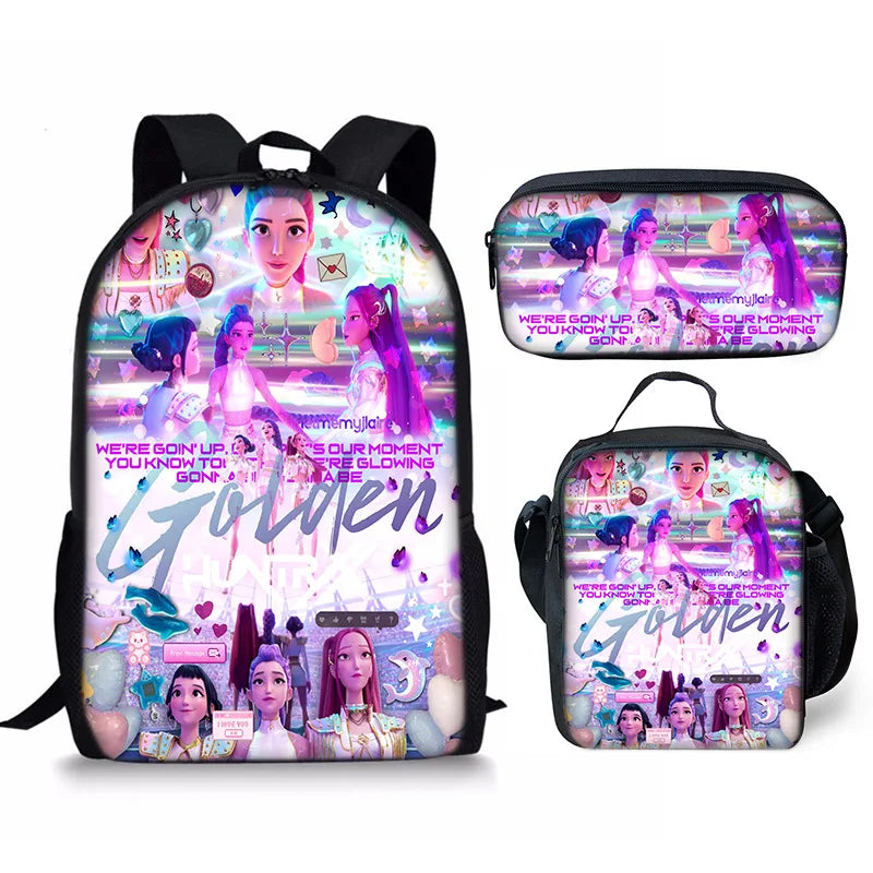 KPop Demon Hunters School Bags Backpack With Lunch Bag & Pencil Bag