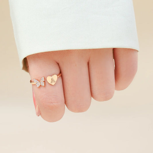 Butterfly diamond custom letter rose gold ring