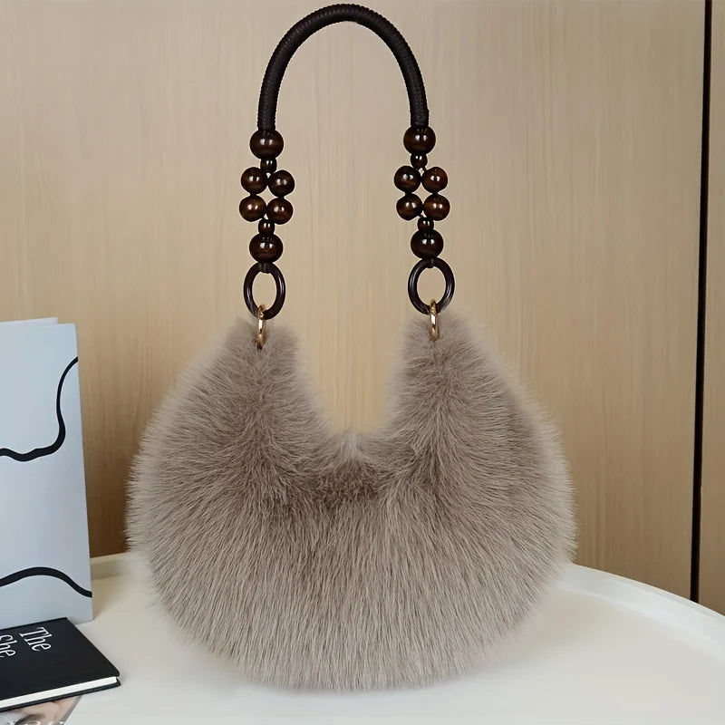 Plush Faux Tote Bead Accented Strap Zipper Closure Elegant Handbags