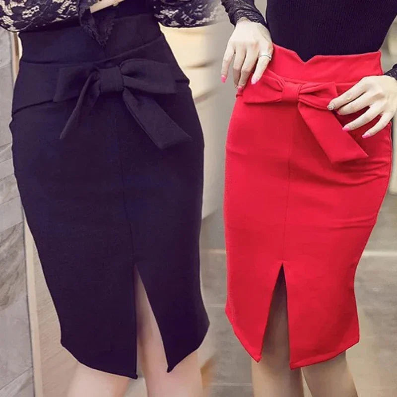 Knee Length High Waist Elegant Slit Bow Skirt