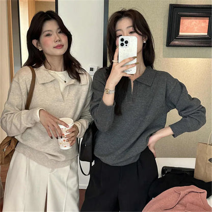 Knitted Long Sleeve Turn Down Collar Knit Sweater Pullover