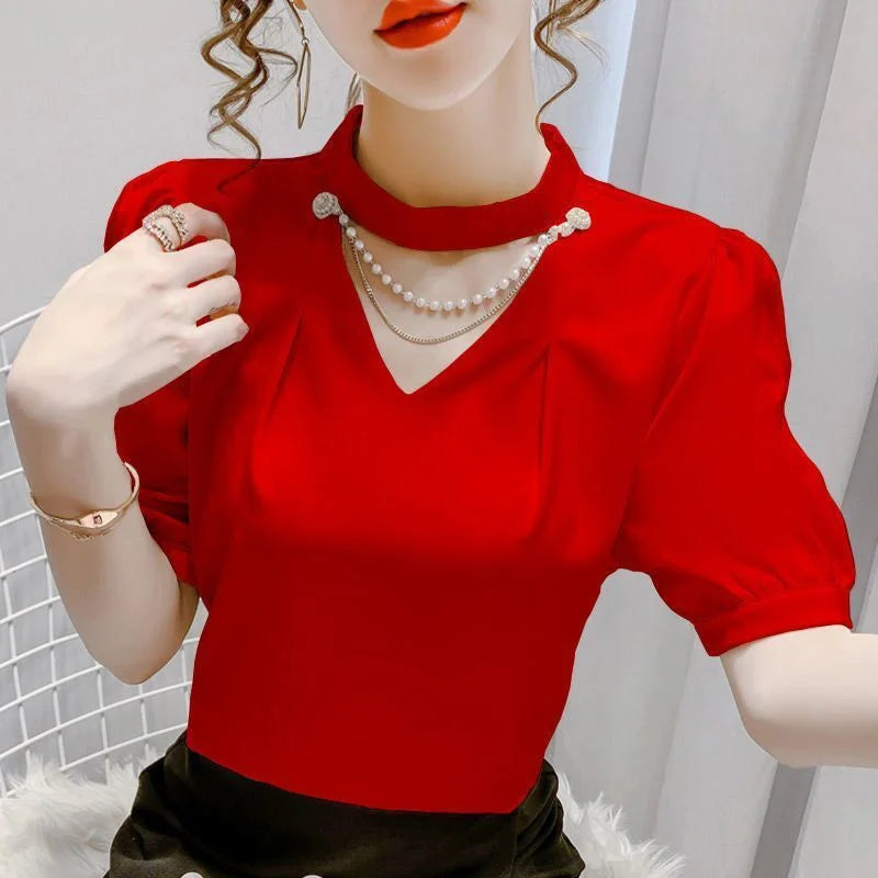 Casual Puff Short Sleeve Pearl Shirt