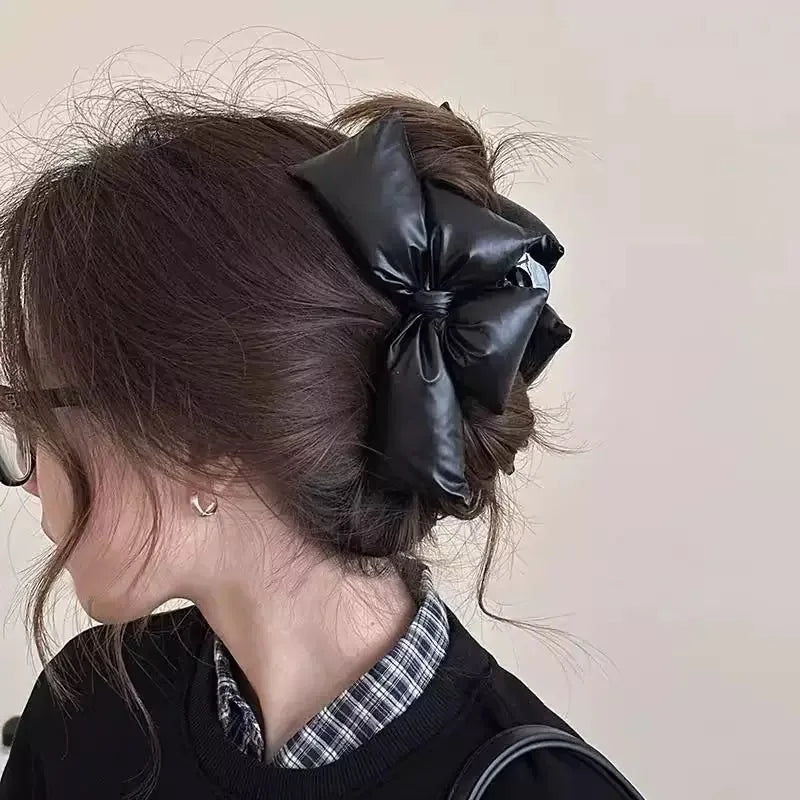 Black Leather Statement Bow Hair Clip