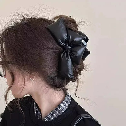 Black Leather Statement Bow Hair Clip